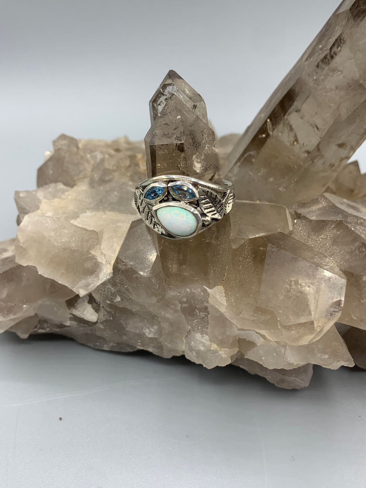 Lab Opal & Blue Topaz Sterling Ring 9