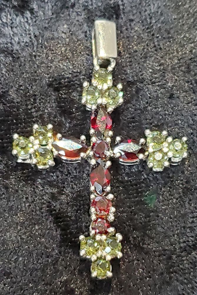 Moldavite/Garnet Cross Pendant