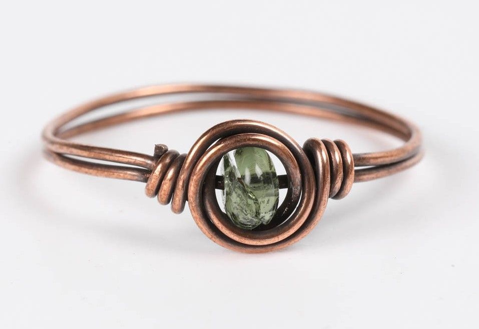 Moldavite Bead Copper Ring 6.5