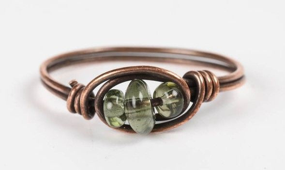 Moldavite Beads Copper Ring 8.5