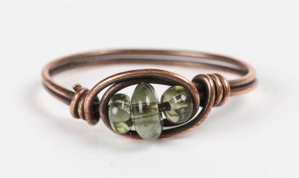 Moldavite Beads Copper Ring 7