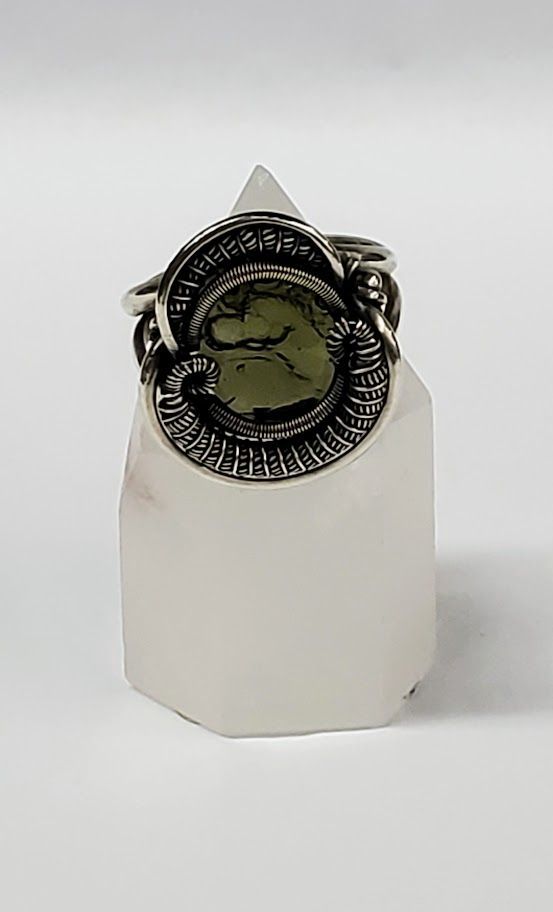 Wrapped Moldavite Silver Ring 8