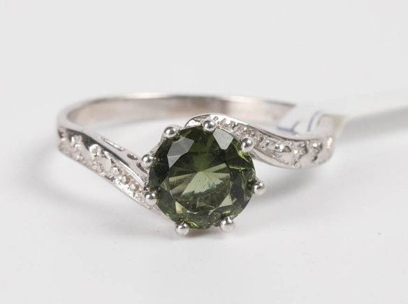 Moldavite Faceted Ring SS 9.5