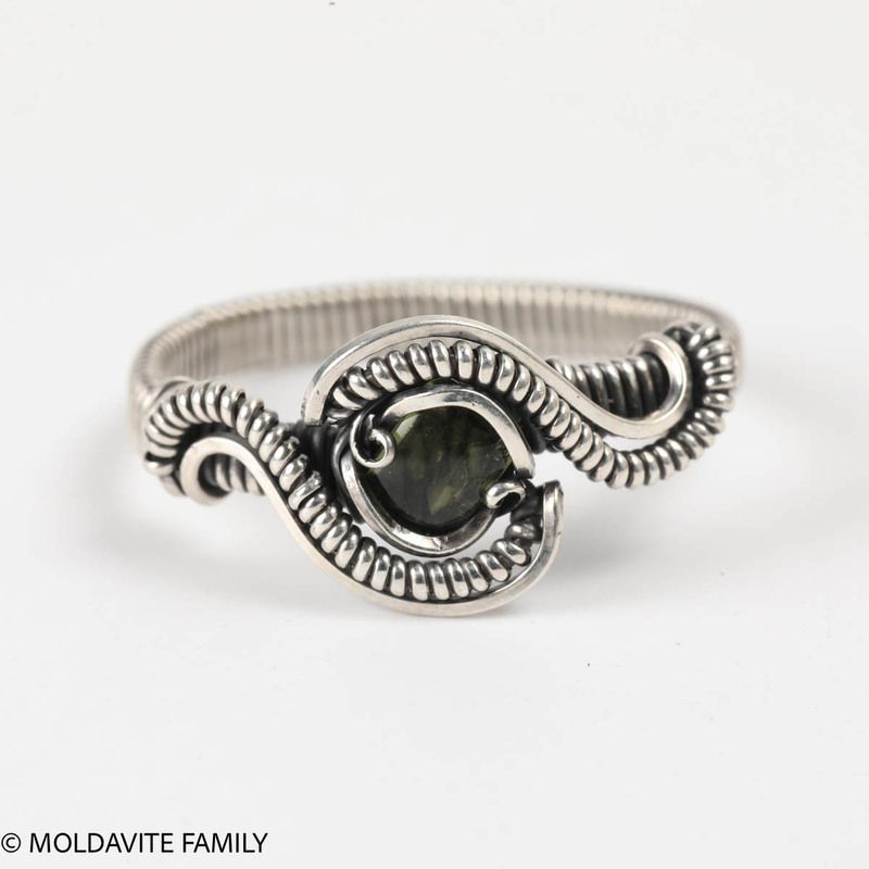 Wrapped Silver Moldavite Ring