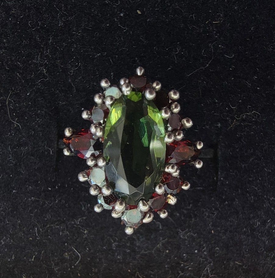 Moldavite Garnet Marquee Ring