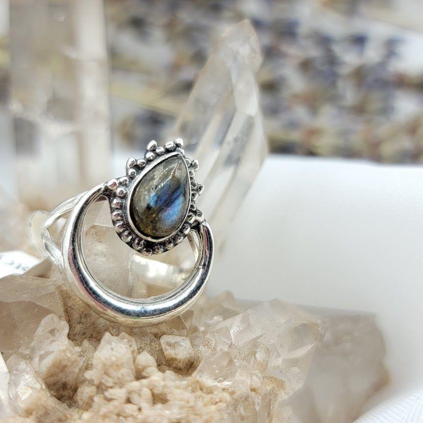 Labradorite Crescent Moon Ring