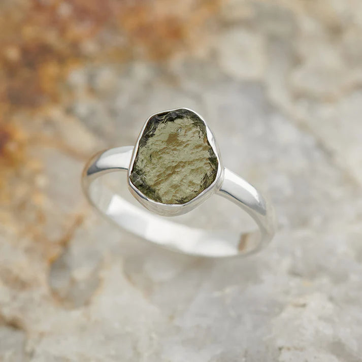 Moldavite Rough SS Ring 8